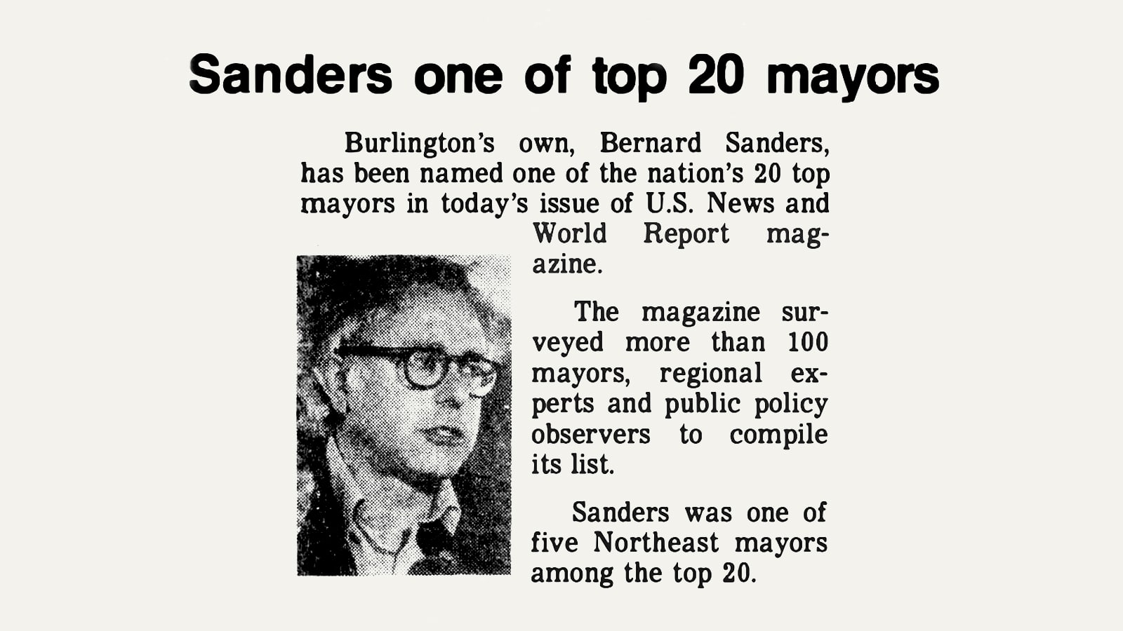 U.S. News And World Report Names Mayor Bernie Sanders To 1987  “America’s 20 Best Mayors” List