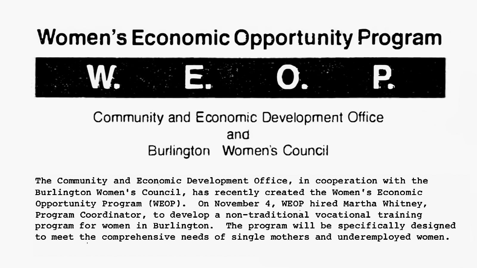 Mayor Bernie Sanders And The Burlington Women’s Council Create The Women’s Economic Opportunity Program And STEP UP For Women