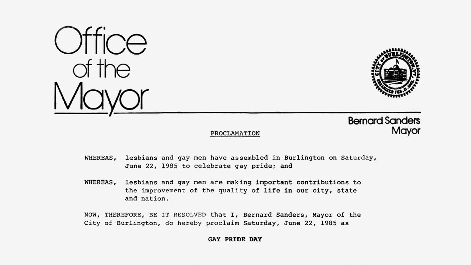 Mayor Bernie Sanders Signs LGBTQ Non Discrimination Ordinance On June 17, 1985