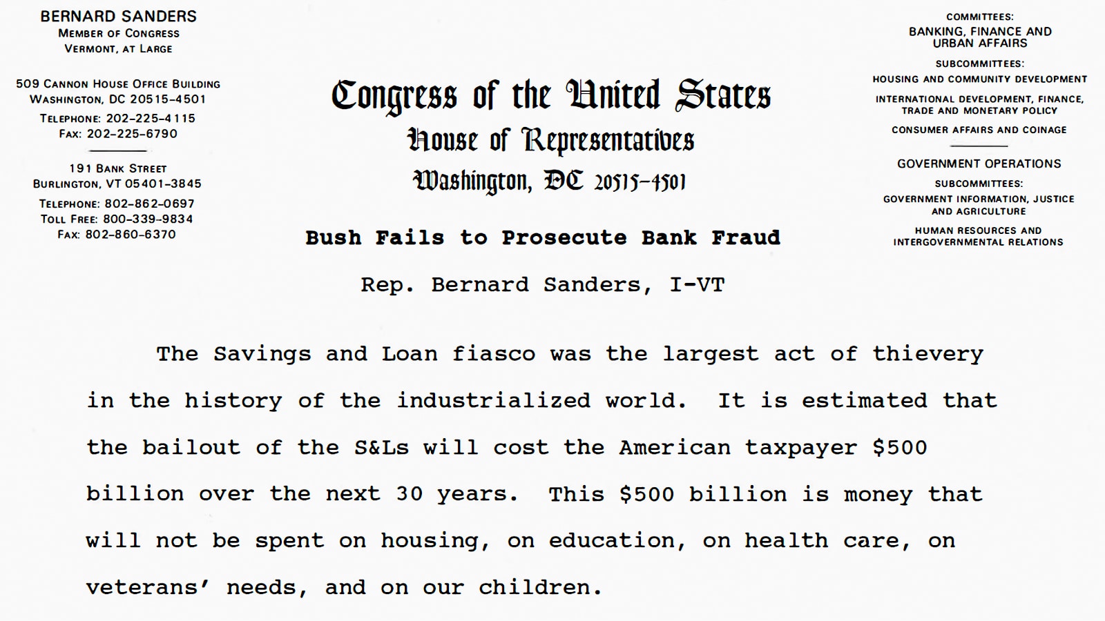Rep. Bernie Sanders Opposes The Savings & Loan Bailout