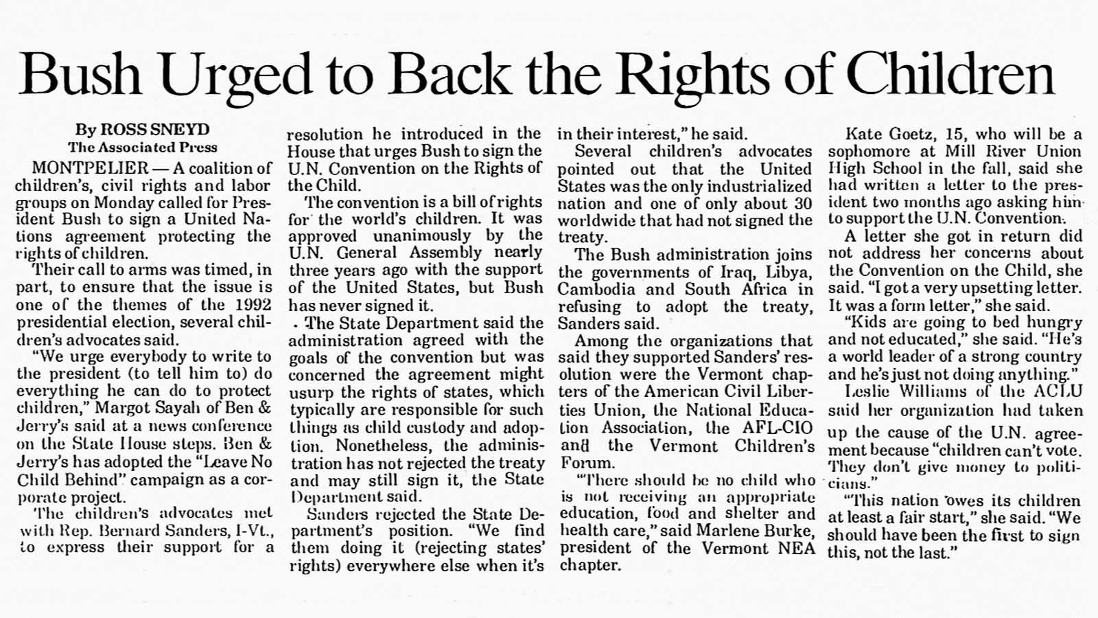 Rep. Sanders Sponsors H. Con Resolution 15, U.N. Convention On The Rights Of The Child Treaty