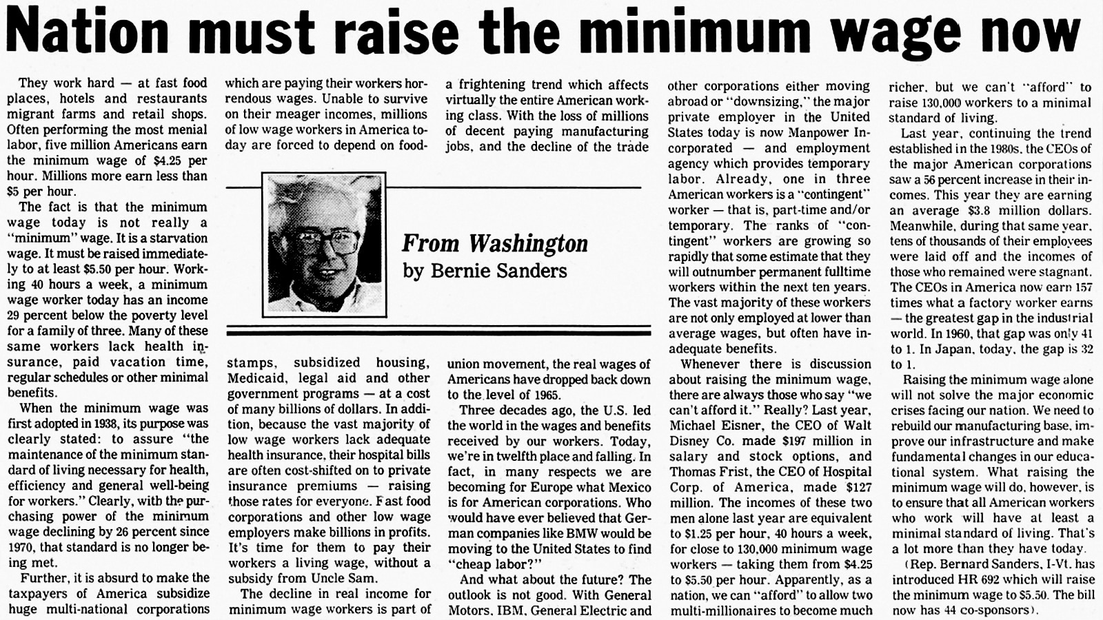 Rep. Bernie Sanders Introduces The Living Wage Act (HR  692)